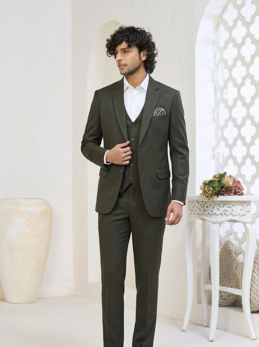 Club AK Men's Olive Green Classic Three-Piece Suit with Premium Blazer, Waistcoat & Trousers