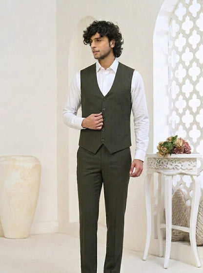 Club AK Men's Olive Green Classic Three-Piece Suit with Premium Blazer, Waistcoat & Trousers