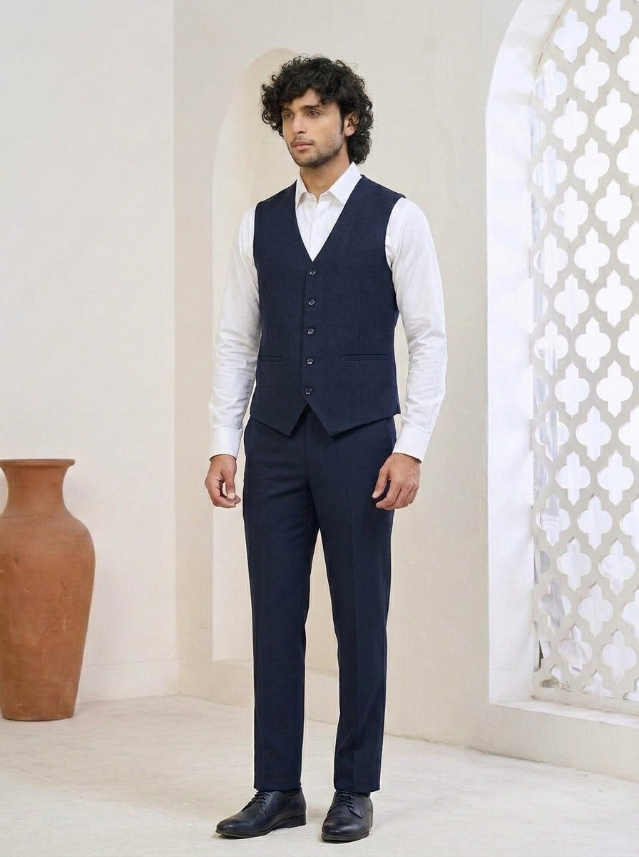 Club AK Men's Deep Navy Blue Tailored Three-Piece Suit with Blazer, Waistcoat & Trousers