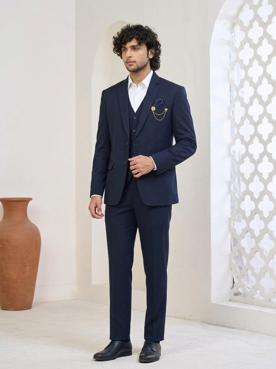 Club AK Men's Deep Navy Blue Tailored Three-Piece Suit with Blazer, Waistcoat & Trousers