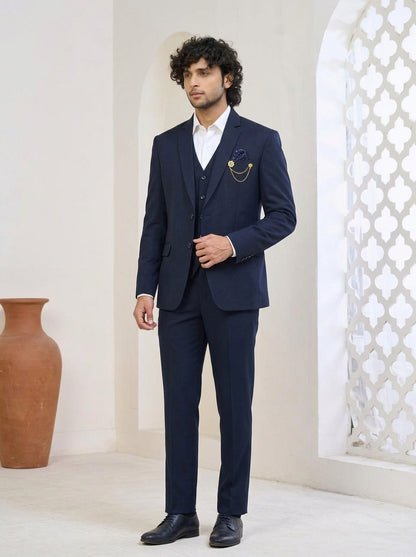 Club AK Men's Deep Navy Blue Tailored Three-Piece Suit with Blazer, Waistcoat & Trousers
