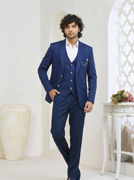 Club AK Men's Cobalt Blue Premium Three-Piece Suit with Tailored Blazer, Waistcoat & Trousers