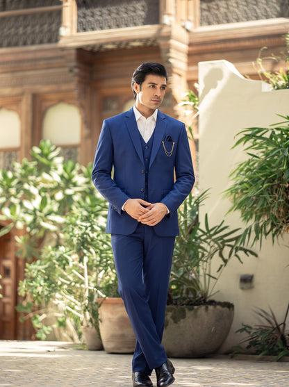 Club AK Men's Royal Blue Premium Three-Piece Suit with Waistcoat & Chain Brooch