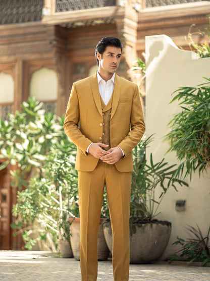 Club AK Men's Mustard Gold Premium Three-Piece Suit with Designer Jacquard Waistcoat