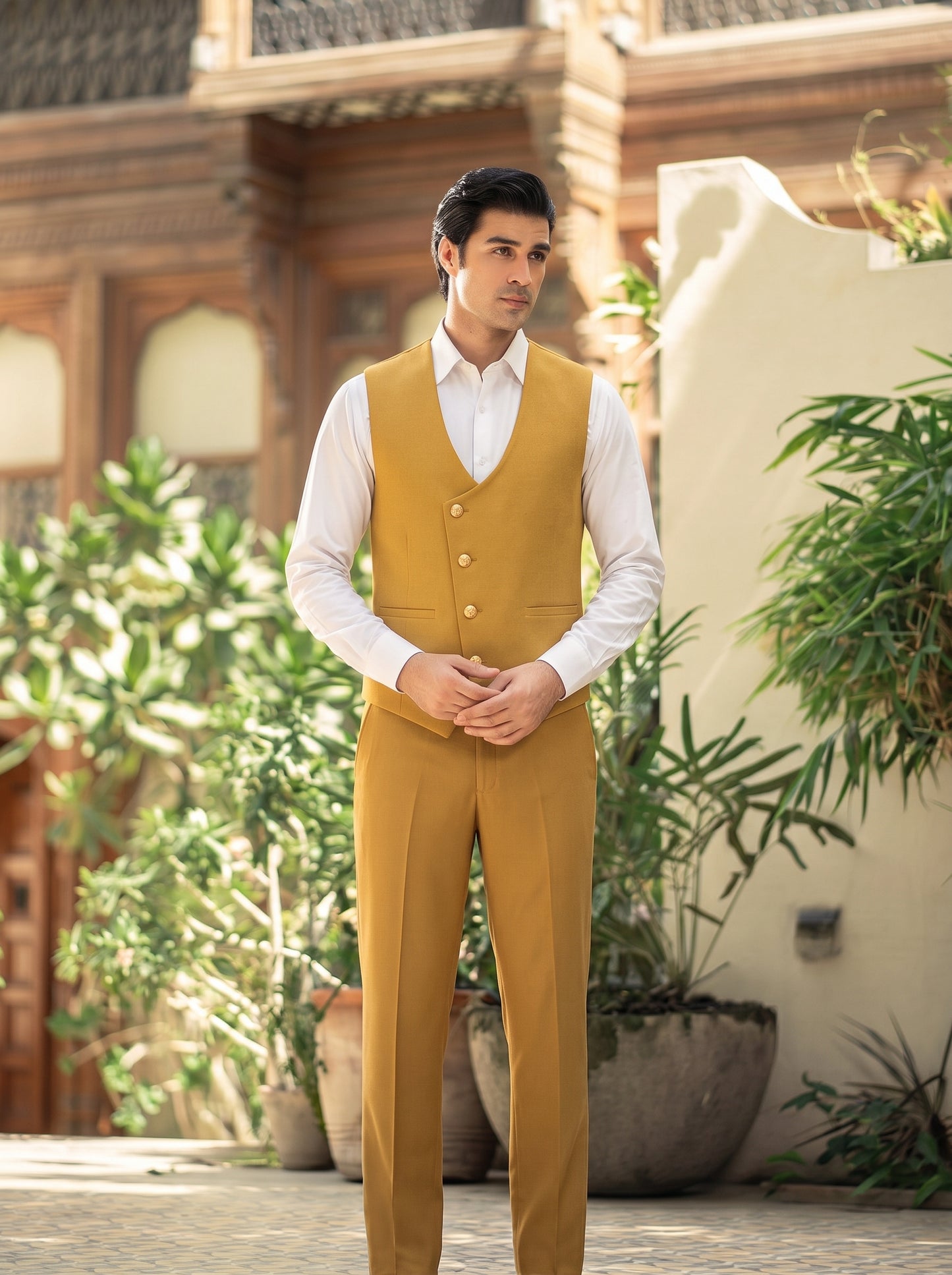 Club AK Men's Mustard Gold Premium Three-Piece Suit with Designer Jacquard Waistcoat