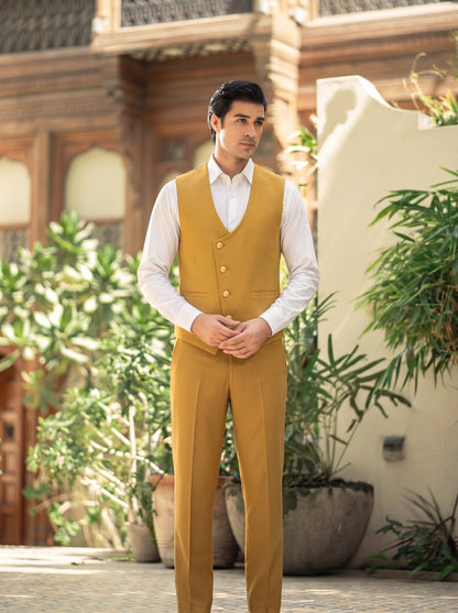 Club AK Men's Mustard Gold Premium Three-Piece Suit with Designer Jacquard Waistcoat