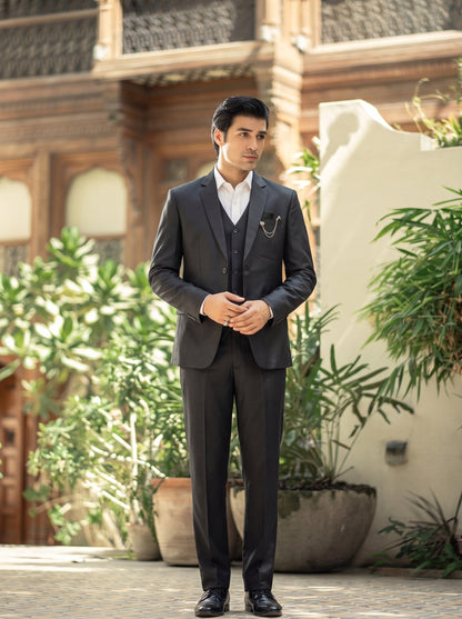 Club AK Men's Charcoal Grey Premium Three-Piece Suit with Waistcoat & Chain Brooch