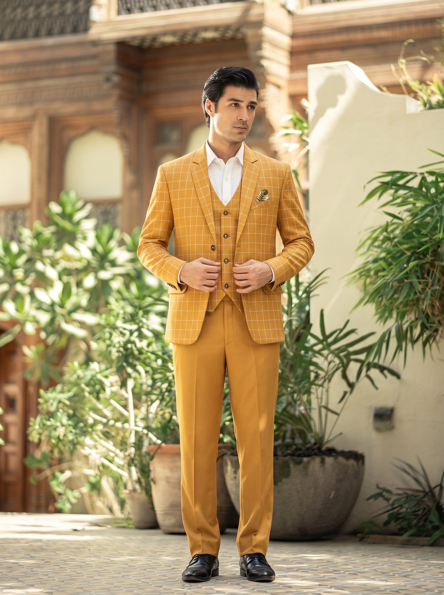 Club AK Men's Mustard Yellow Premium Checked Three-Piece Suit with Waistcoat
