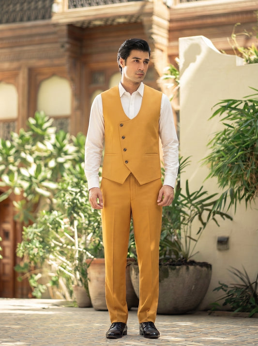 Club AK Men's Mustard Yellow Premium Checked Three-Piece Suit