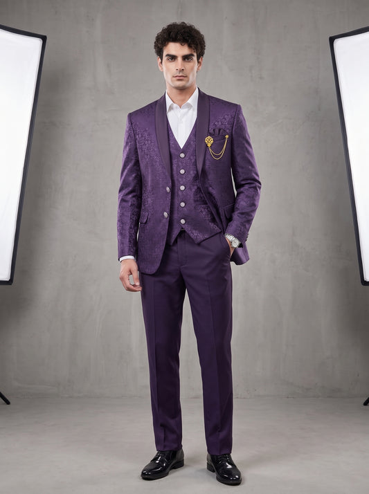 Club AK Men's Royal Purple Jacquard Three-Piece Suit