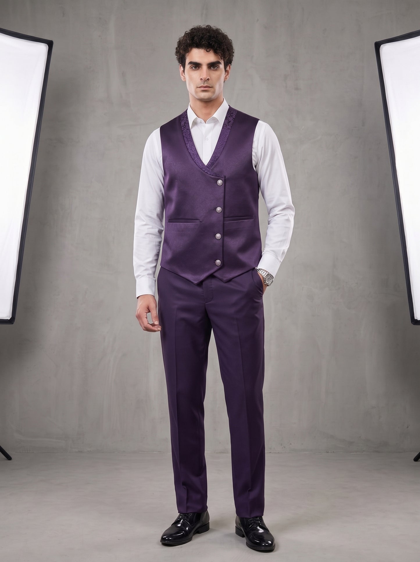 Club AK Men's Royal Purple Jacquard Three-Piece Tuxedo Suit with Satin Shawl Lapel