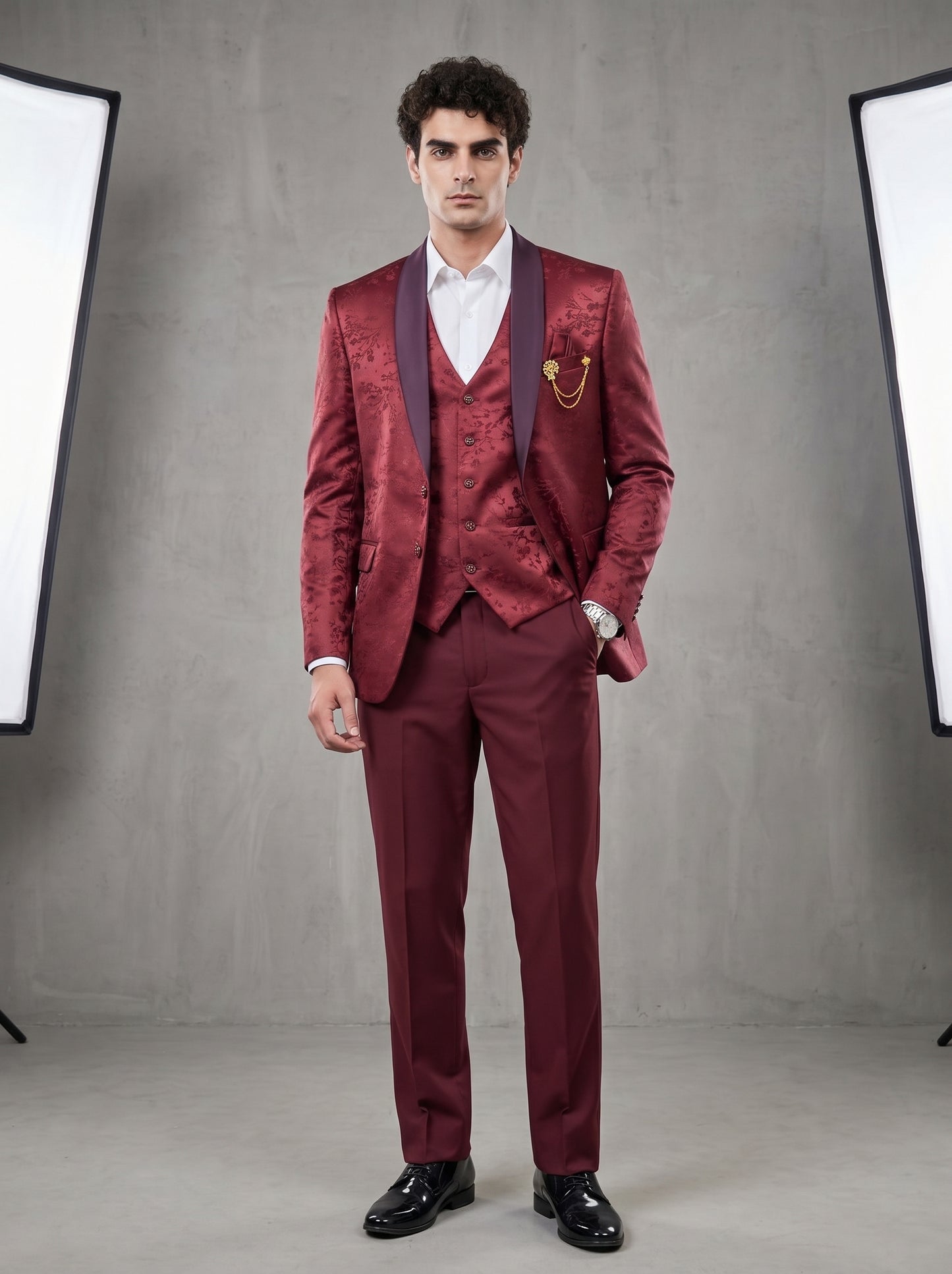 Club AK Men's Premium Maroon Jacquard Three-Piece Tuxedo Suit with Satin Shawl Lapel