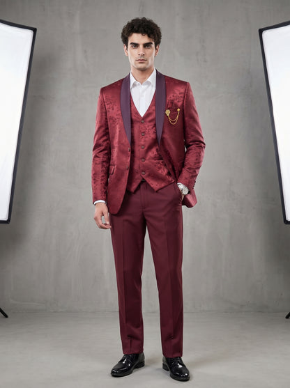 Club AK Men's Premium Maroon Jacquard Three-Piece Tuxedo Suit with Satin Shawl Lapel