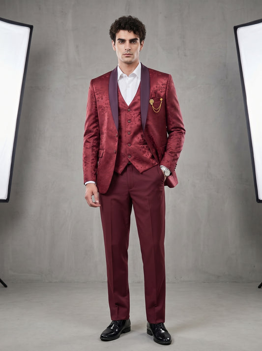 Club AK Men's Premium Maroon Jacquard Three-Piece Suit