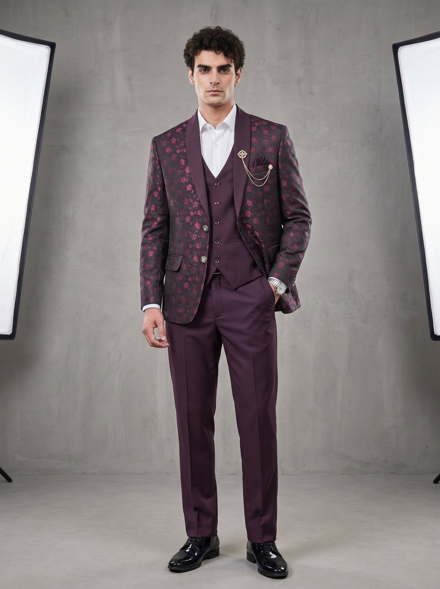 Club AK Men's Premium Wine Floral Jacquard Three-Piece Tuxedo Suit with Satin Shawl Lapel