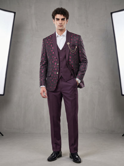 Club AK Men's Premium Wine Floral Jacquard Three-Piece Tuxedo Suit with Satin Shawl Lapel