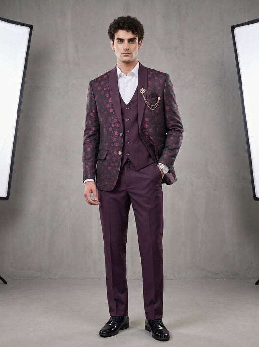 Club AK Men's Premium Wine Floral Jacquard Three-Piece Suit