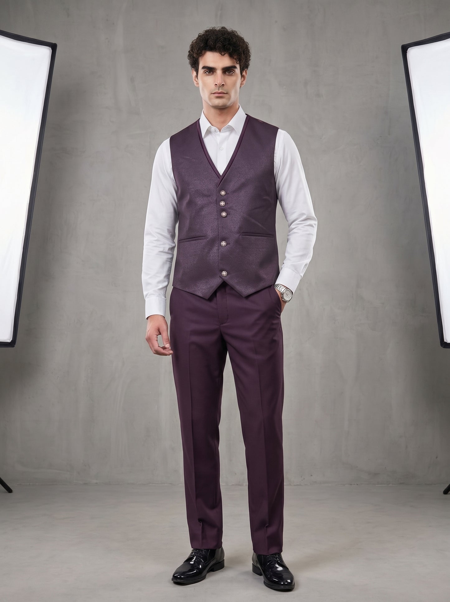 Club AK Men's Premium Wine Floral Jacquard Three-Piece Tuxedo Suit with Satin Shawl Lapel