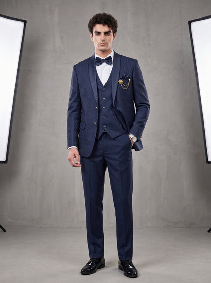 Club AK Men's Premium Navy Blue Textured Three-Piece Tuxedo Suit with Satin Shawl Lapel & Bow Tie