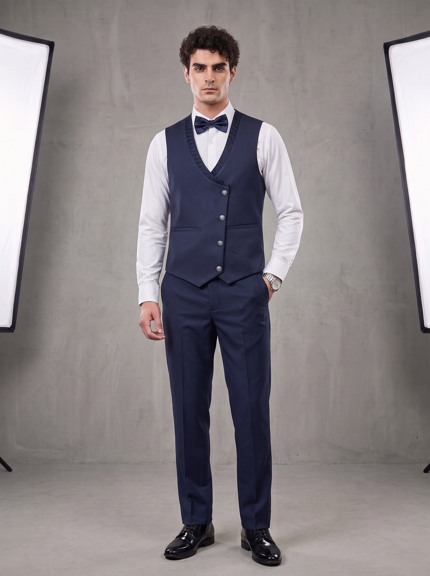 Club AK Men's Premium Navy Blue Textured Three-Piece Tuxedo Suit with Satin Shawl Lapel & Bow Tie