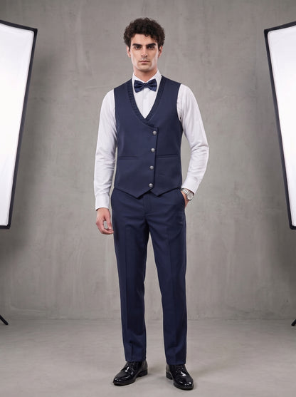 Club AK Men's Premium Navy Blue Textured Three-Piece Tuxedo Suit with Satin Shawl Lapel & Bow Tie