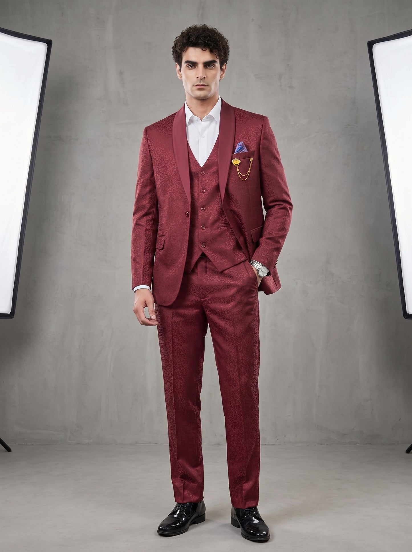 Club AK Men's Premium Maroon Jacquard Three-Piece Tuxedo Suit with Satin Shawl Lapel