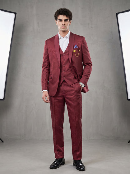 Club AK Men's Premium Maroon Jacquard Three-Piece Tuxedo Suit with Satin Shawl Lapel
