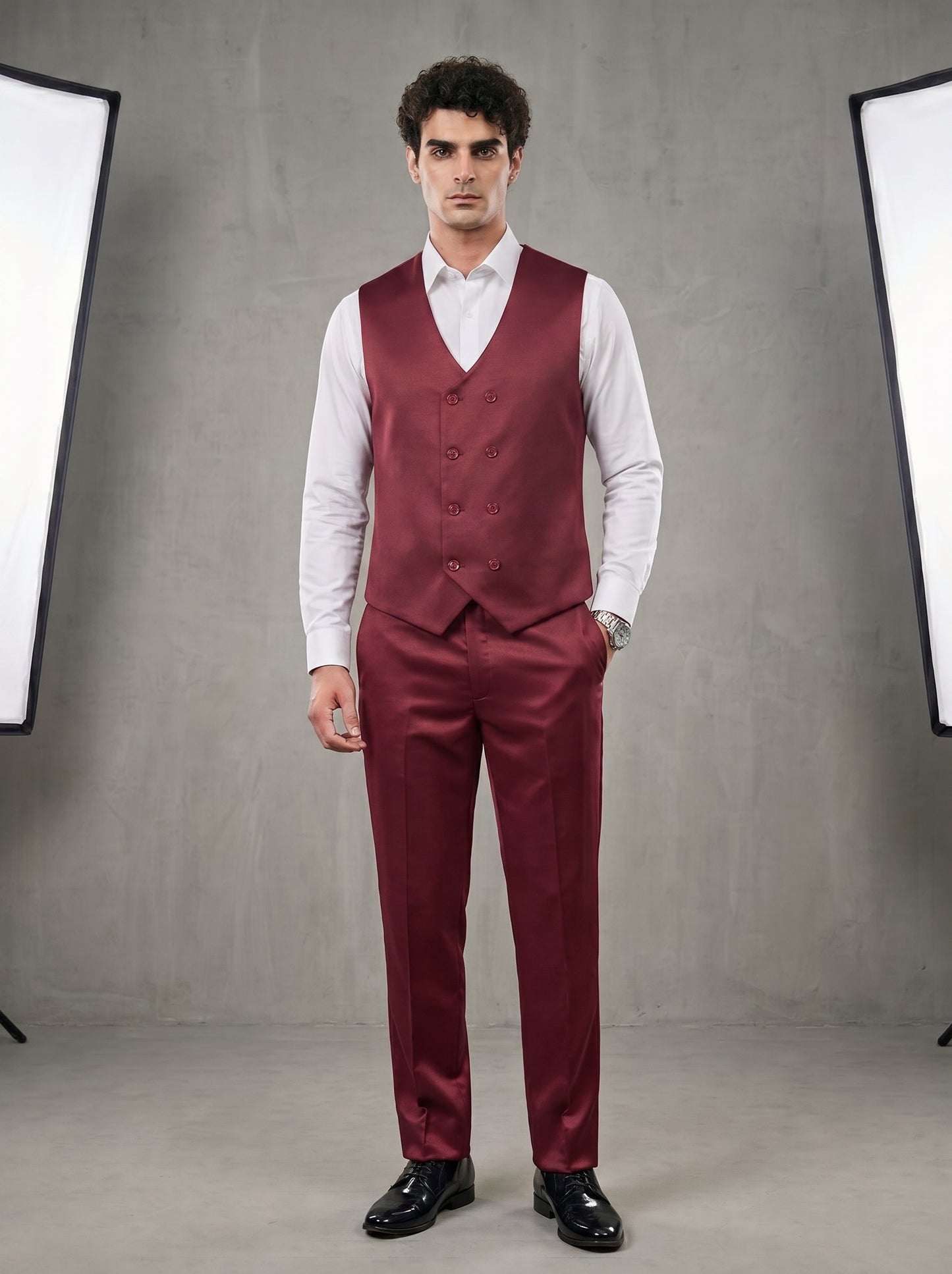 Club AK Men's Premium Maroon Jacquard Three-Piece Tuxedo Suit with Satin Shawl Lapel