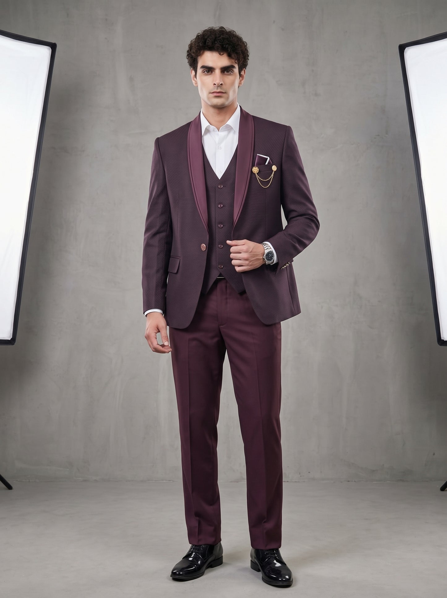 Club AK Men's Premium Wine Textured Three-Piece Tuxedo Suit with Satin Shawl Lapel