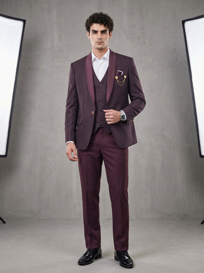 Club AK Men's Premium Wine Textured Three-Piece Tuxedo Suit with Satin Shawl Lapel