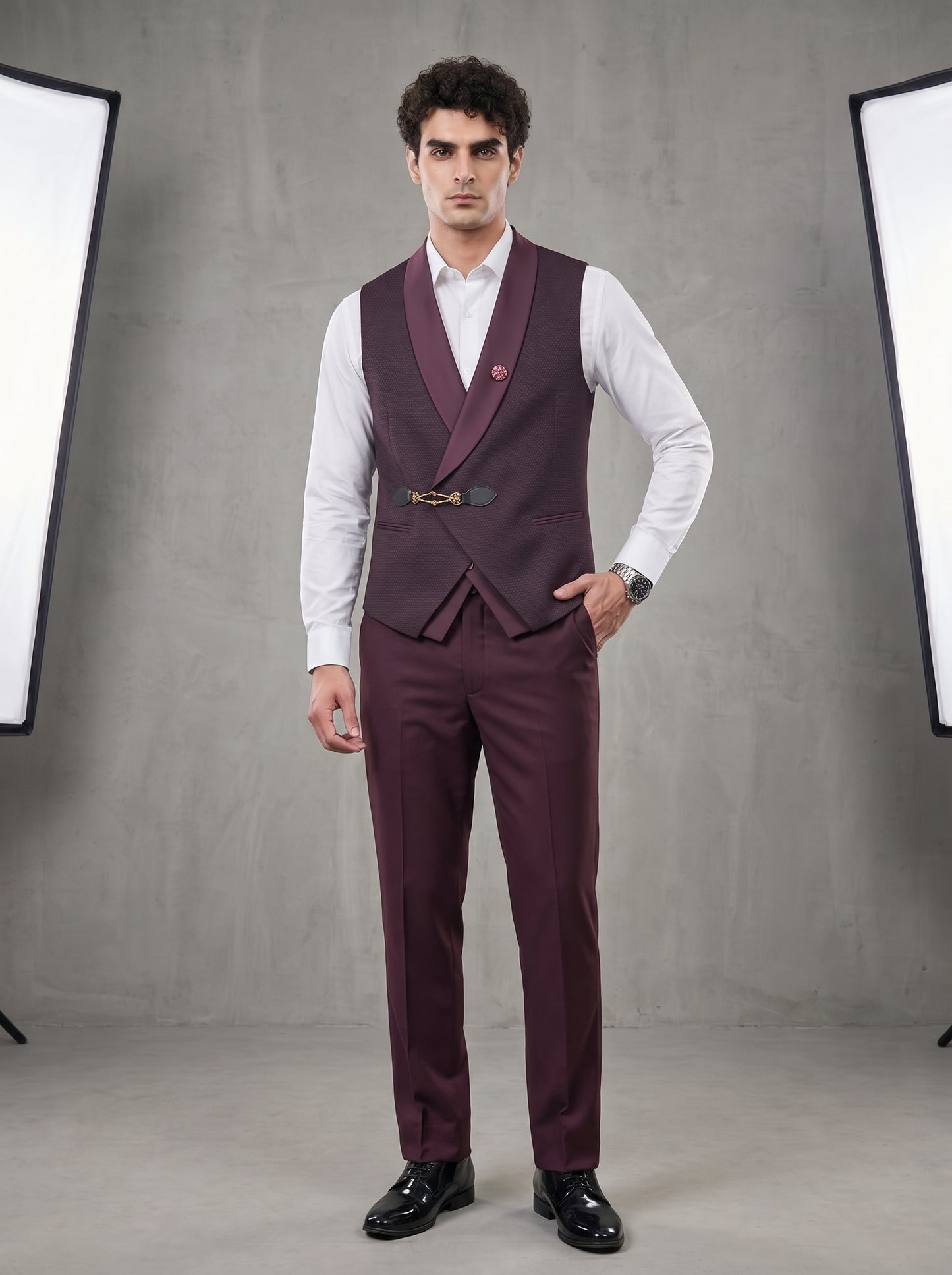 Club AK Men's Premium Wine Textured Three-Piece Tuxedo Suit with Satin Shawl Lapel