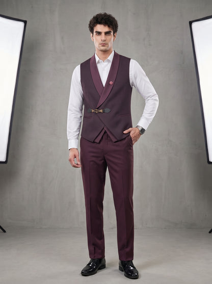 Club AK Men's Premium Wine Textured Three-Piece Tuxedo Suit with Satin Shawl Lapel