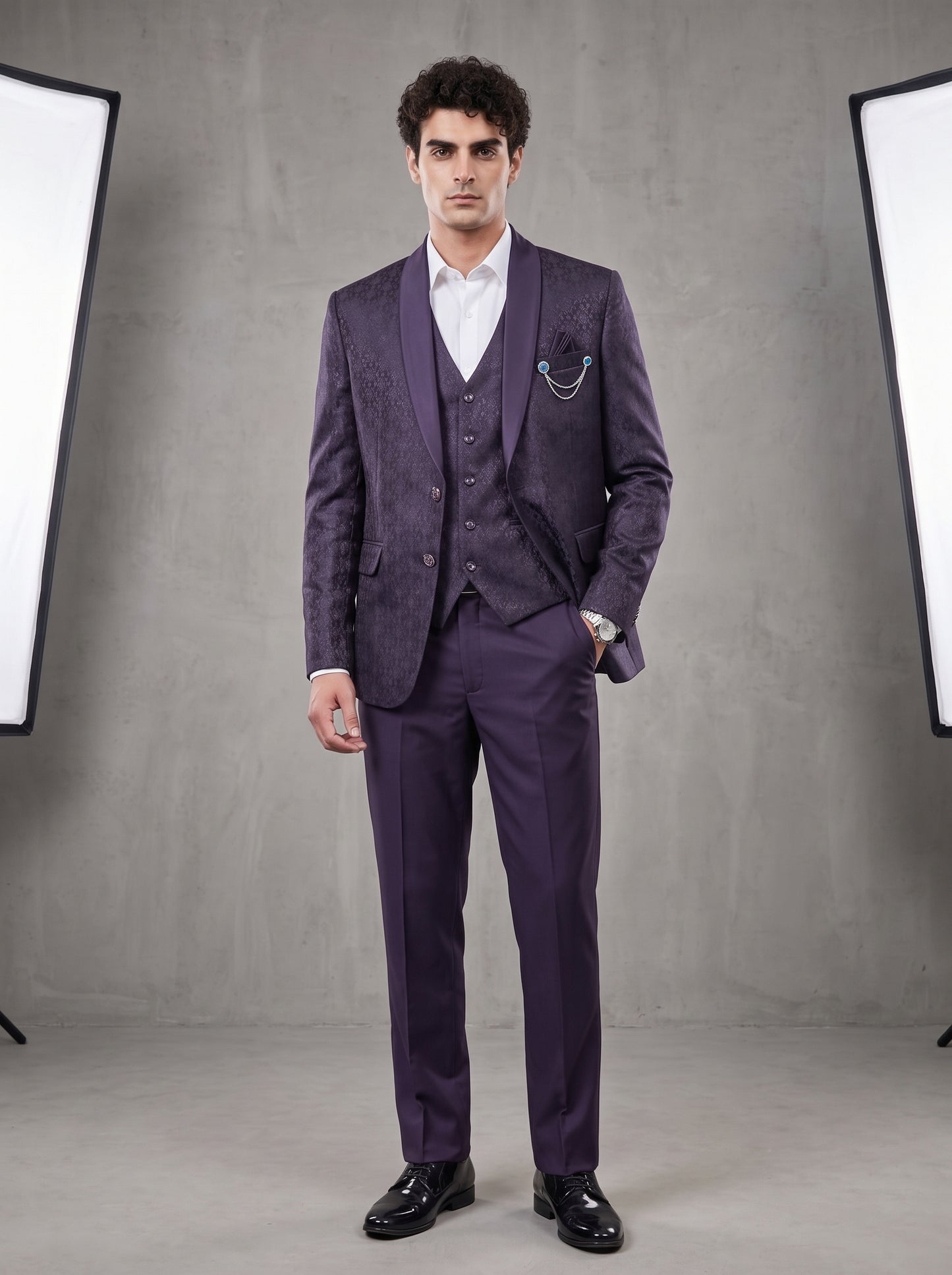 Club AK Men's Premium Purple Jacquard Three-Piece Tuxedo Suit with Satin Shawl Lapel