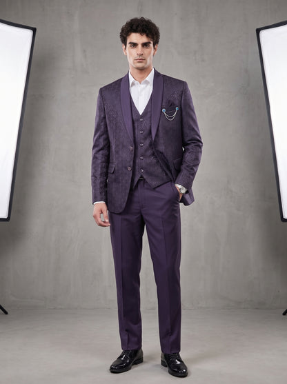 Club AK Men's Premium Purple Jacquard Three-Piece Tuxedo Suit with Satin Shawl Lapel