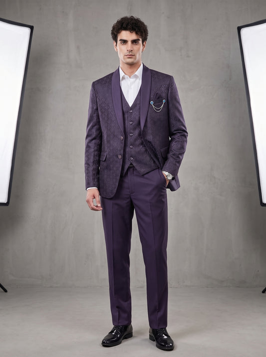 Club AK Men's Premium Purple Jacquard Three-Piece Suit