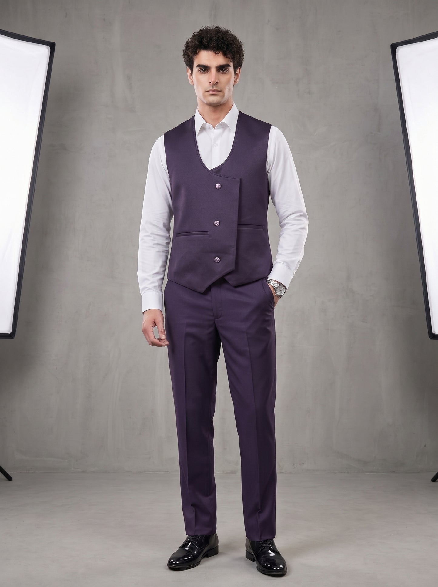 Club AK Men's Premium Purple Jacquard Three-Piece Tuxedo Suit with Satin Shawl Lapel