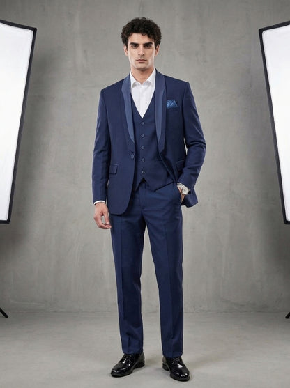 Club AK Men's Premium Navy Blue Three-Piece Tuxedo Suit with Satin Shawl Lapel