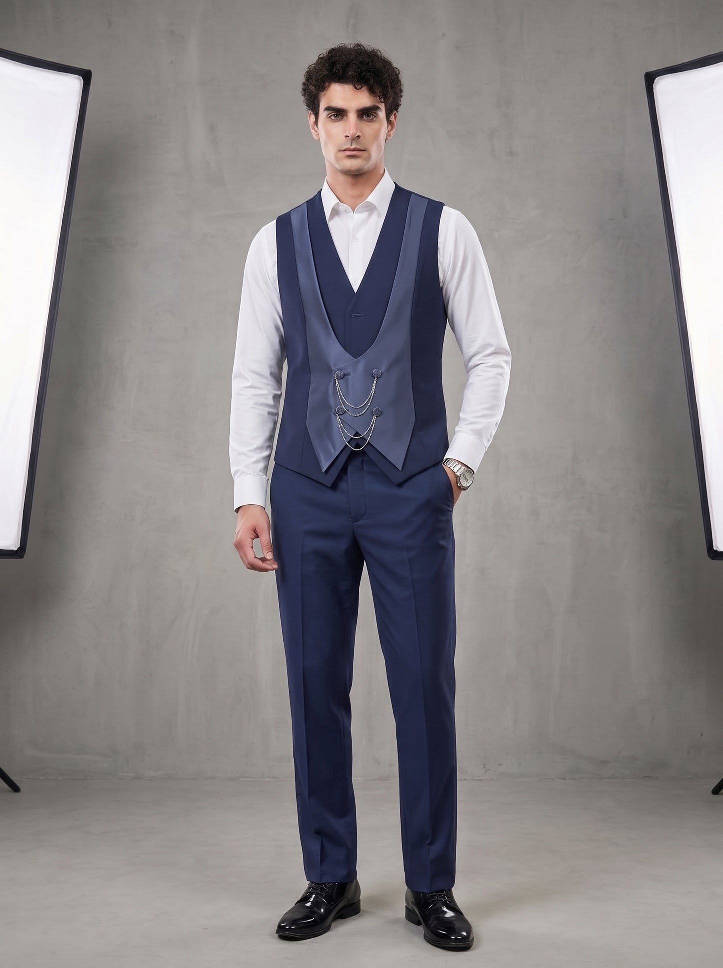 Club AK Men's Premium Navy Blue Three-Piece Tuxedo Suit with Satin Shawl Lapel