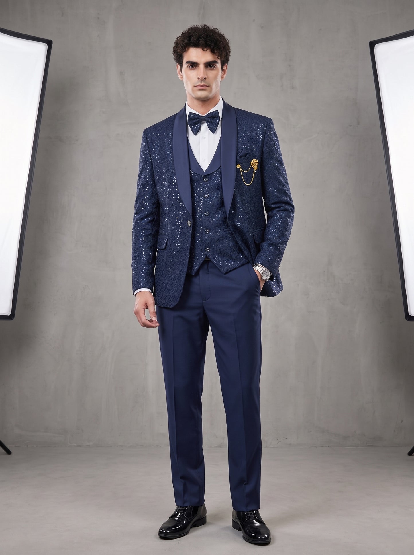 Club AK Men's Premium Navy Blue Sequin Embellished Three-Piece Tuxedo Suit with Satin Shawl Lapel & Bow Tie