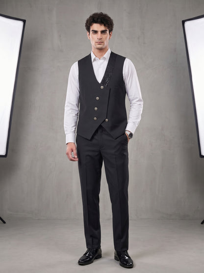 Club AK Men's Premium Black Sequin Embellished Three-Piece Tuxedo Suit with Satin Shawl Lapel