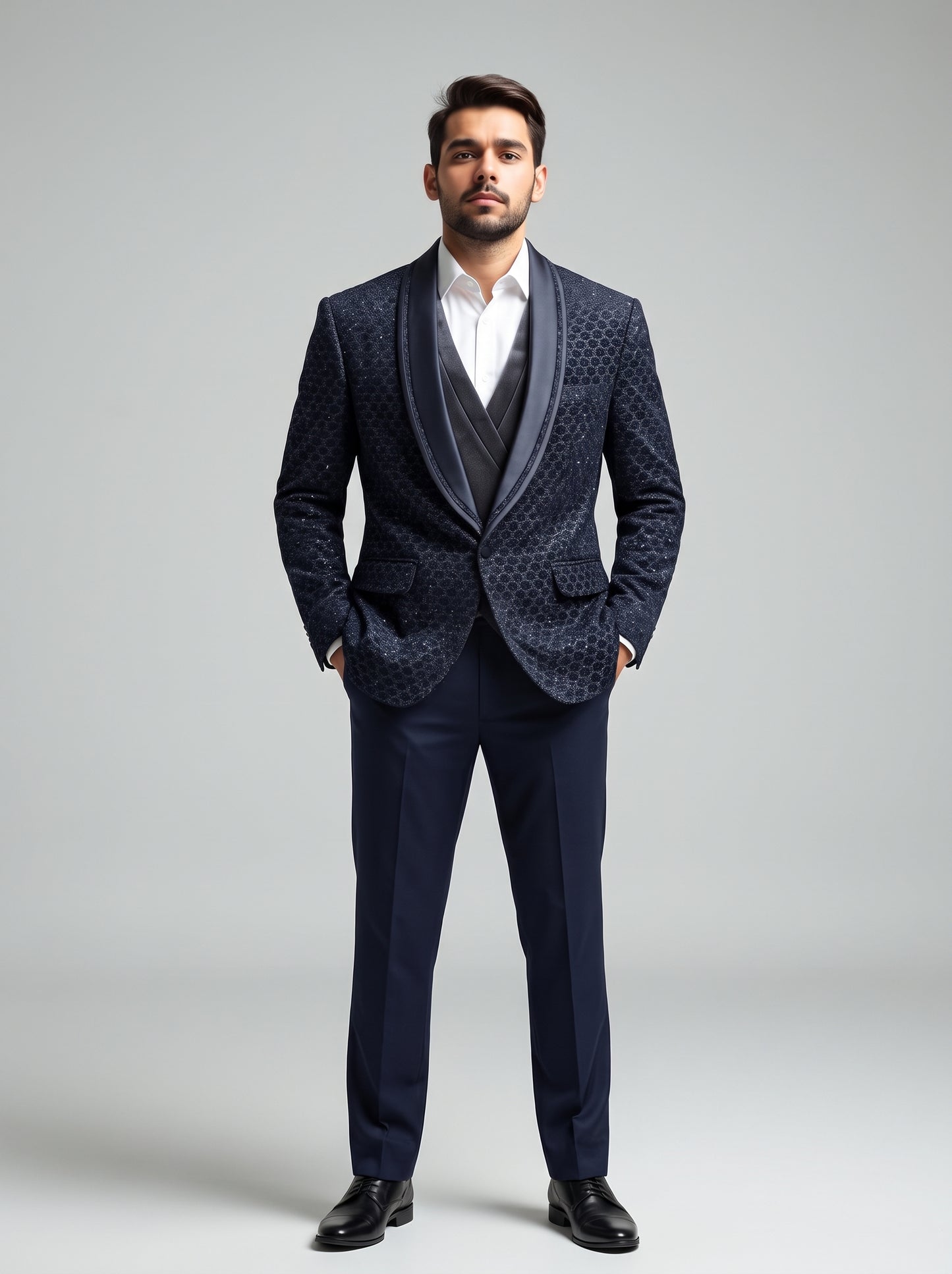 Club AK Men's Premium Black Textured Three-Piece Tuxedo Suit with Satin Shawl Lapel