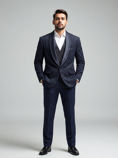 Club AK Men's Premium Black Textured Three-Piece Tuxedo Suit with Satin Shawl Lapel