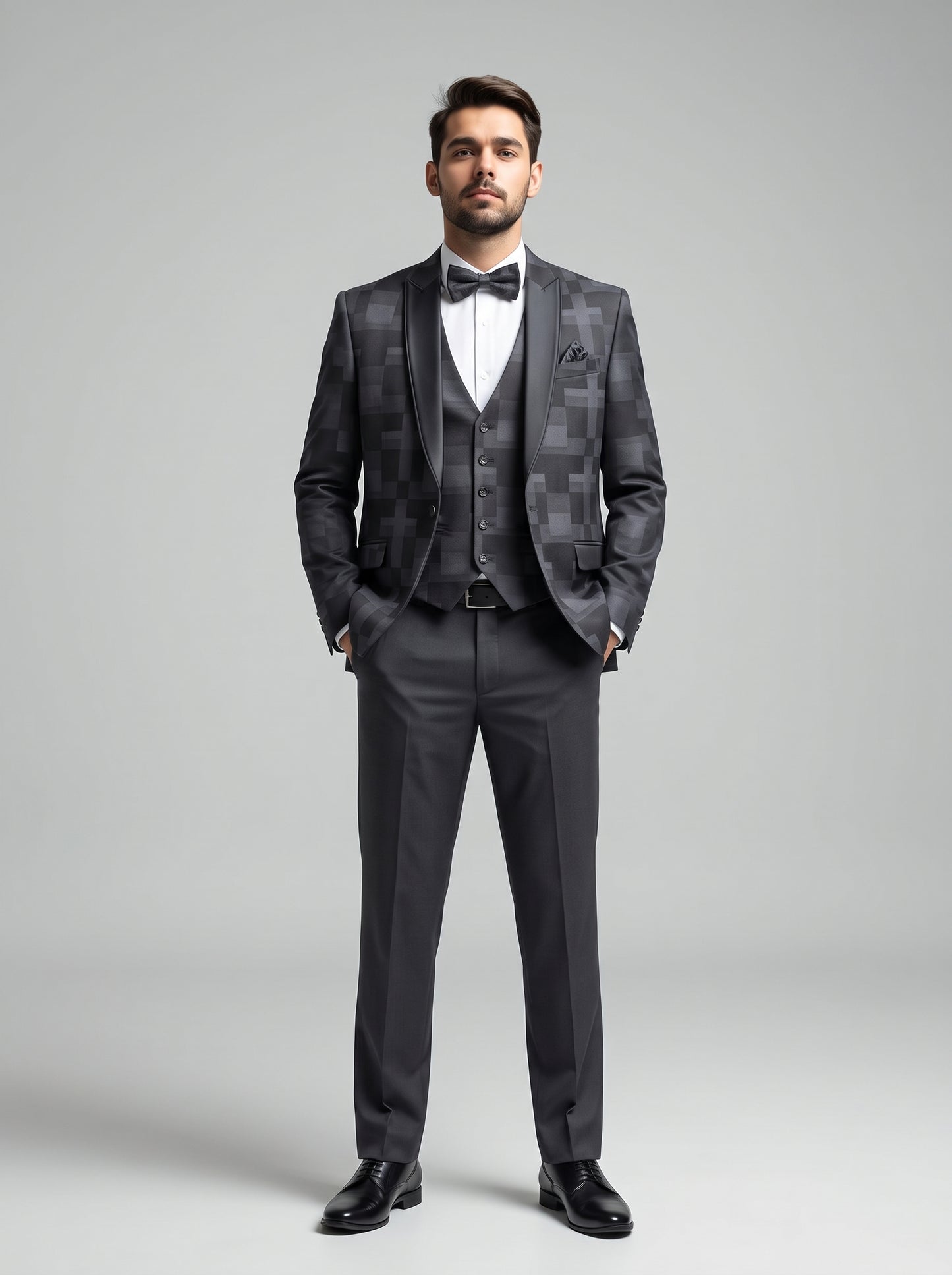 Club AK Men's Premium Charcoal Grey Checked Three-Piece Tuxedo Suit with Satin Shawl Lapel & Bow Tie