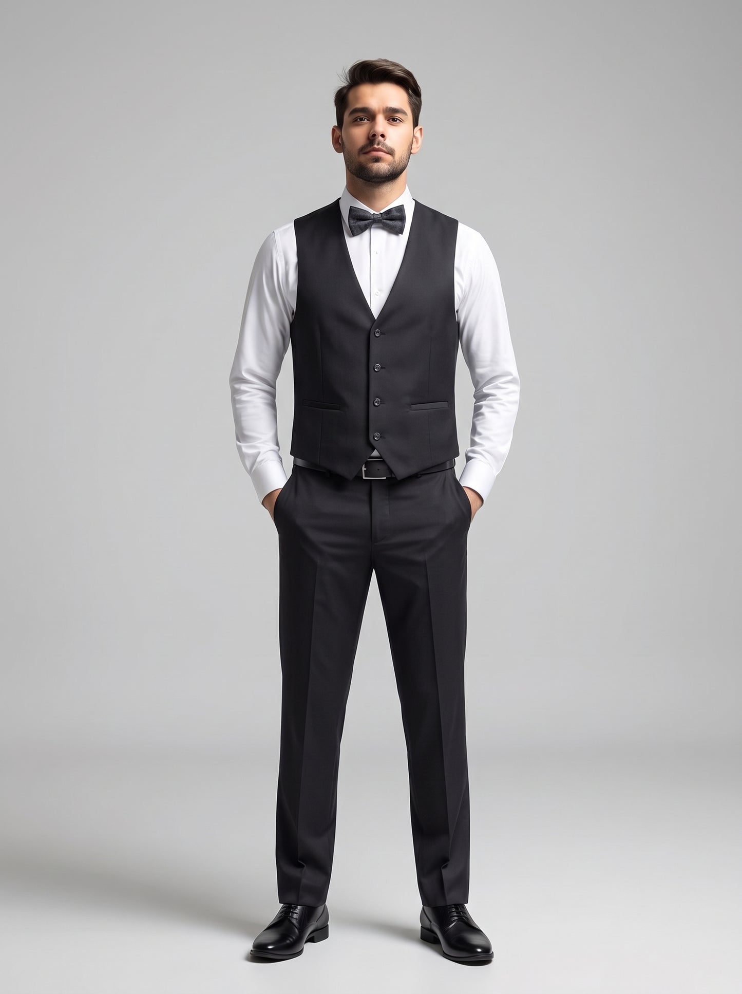 Club AK Men's Premium Charcoal Grey Checked Three-Piece Tuxedo Suit with Satin Shawl Lapel & Bow Tie