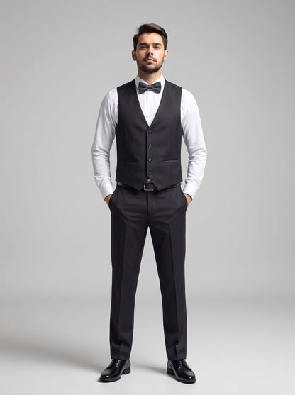 Club AK Men's Premium Charcoal Grey Checked Three-Piece Tuxedo Suit with Satin Shawl Lapel & Bow Tie