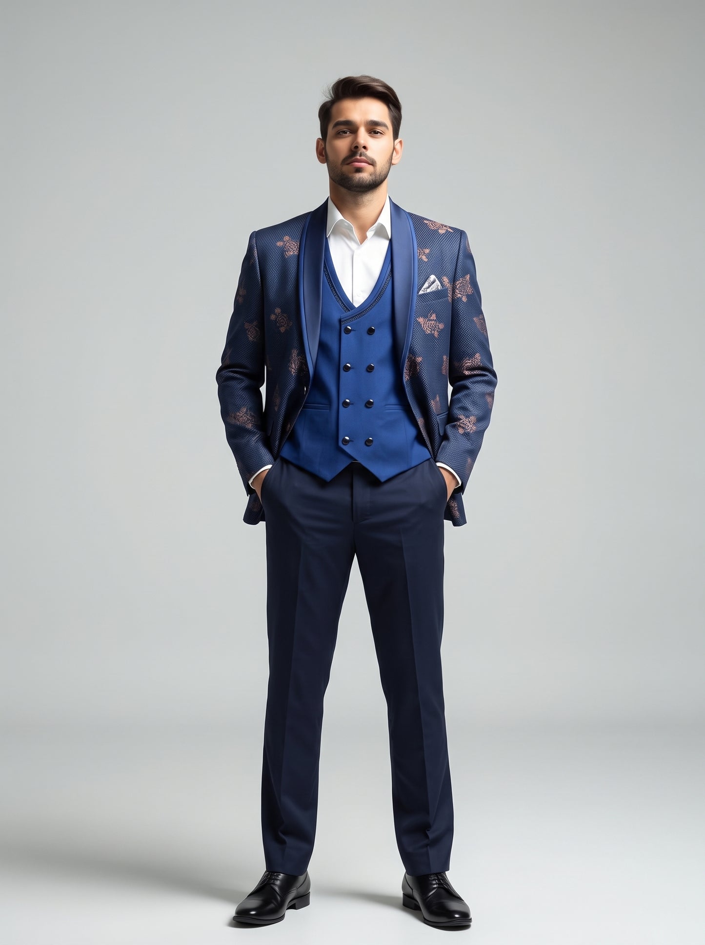 Club AK Men's Premium Navy Blue Floral Printed Three-Piece Tuxedo Suit with Double-Breasted Waistcoat & Satin Shawl Lapel