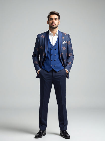 Club AK Men's Premium Navy Blue Floral Printed Three-Piece Tuxedo Suit with Double-Breasted Waistcoat & Satin Shawl Lapel