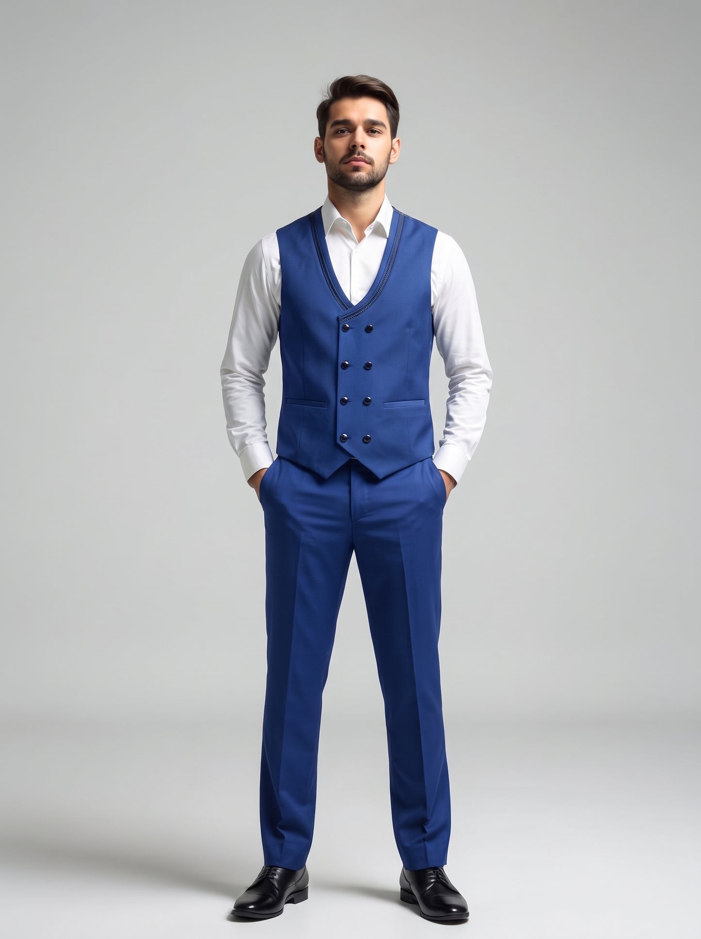 Club AK Men's Premium Navy Blue Floral Printed Three-Piece Tuxedo Suit with Double-Breasted Waistcoat & Satin Shawl Lapel