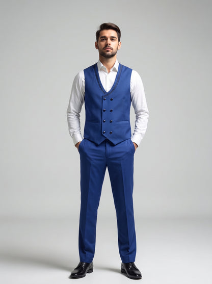 Club AK Men's Premium Navy Blue Floral Printed Three-Piece Tuxedo Suit with Double-Breasted Waistcoat & Satin Shawl Lapel