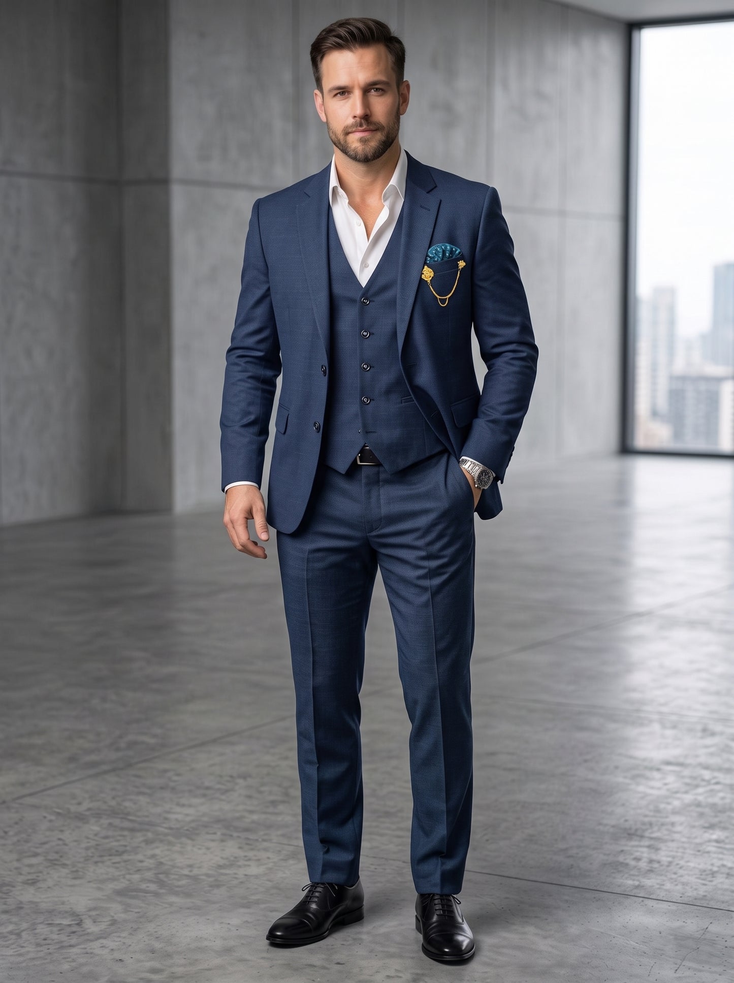 Club AK Men's Premium Navy Blue Three-Piece Suit Set